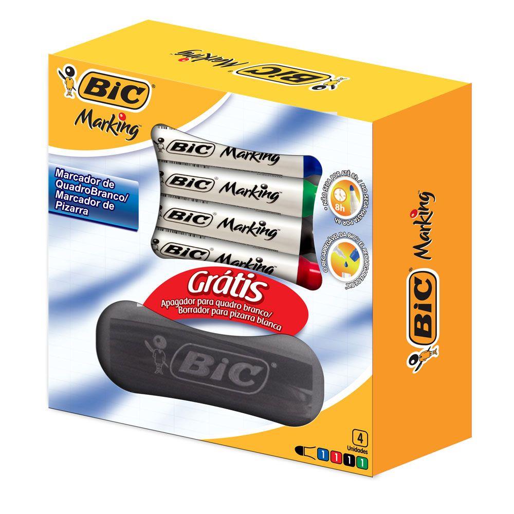 KIT MARCADOR QUADRO BRANCO 4 CORES + APAGADOR BIC