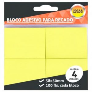 BLOCO DE RECADO AUTOADESIVO JOCAR AMARELO 38X50 100FLS. BL.C/04 - LEONORA