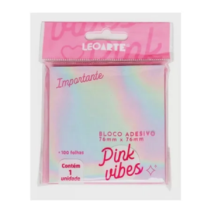 BLOCO DE RECADO AUTOADESIVO VIBES PINK HOLOG. 76X76 100FLS 91142 - LEONORA