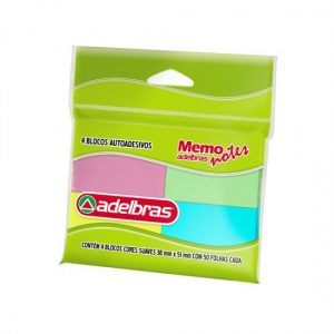 BLOCO DE RECADO AUTOADESIVO MEMONOTE 38X51MM 50FLS COLORIDO PCT.C/4 08120000019 - ADELBRAS