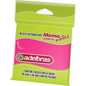 BLOCO DE RECADO AUTOADESIVO MEMONOTE ROSA NEON 76X76 50FLS 08120000027 - ADELBRAS